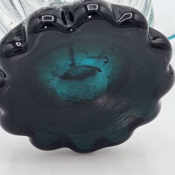 Vintage Clear & Turquoise Hand Blown Optic Glass Basket Applied Rope Handle - Picture 7 of 15